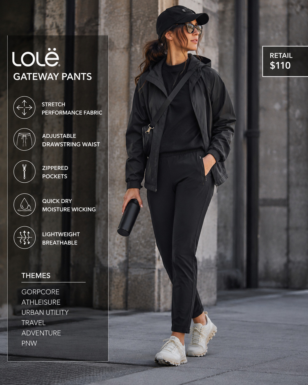 Lole Women’s Gateway Pants‎ XL Black Stretch Zip Pockets Travel Hiking Gorpcore